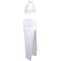 Polyester Ensemble de robe deux pièces Patchwork Solide Blanc Ensemble