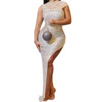 Polyester Slim Sexy Package Hip Dresses side slit & with rhinestone Apricot PC