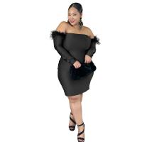 Polyester Slim & Plus Size Sexy Package Hip Dresses & off shoulder Solid PC