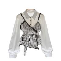 Polyester Waist-controlled Women Long Sleeve Shirt irregular & loose patchwork plaid white and black : PC
