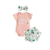 Polyester Baby Clothes Set & for girl & three piece Hair Band & Pants & teddy printed letter pink Set