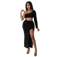 Polyester Sexy Package Hip Dresses side slit & hollow & One Shoulder Sequin PC