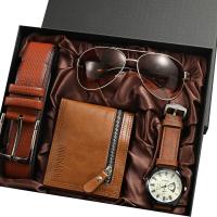 PU Leather Wallet Gift Set four piece Glass & Zinc Alloy Solid brown Set