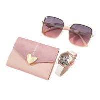 PU Leather Wallet Gift Set three piece Glass & Zinc Alloy Solid pink Set