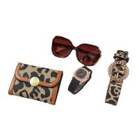 PU Leather Wallet Gift Set four piece Glass Rhinestone & Zinc Alloy leopard brown Set