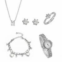 Zinc Alloy Jewelry Set for women & five piece & with rhinestone 304 Stainless Steel Sliver Plated Solid silver Set