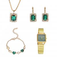 Zinc Alloy Jewelry Set for women & four piece & with rhinestone 304 Stainless Steel & Glass sealing gold color plated Solid green Set