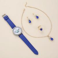 Zinc Alloy Jewelry Set for women & four piece 304 Stainless Steel & Glass & PU Leather sealing gold color plated Solid blue Set