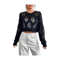 Knitted Slim & Crop Top Women Long Sleeve Blouses & hollow knitted Solid black PC