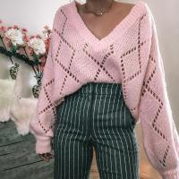 Knitted Slim Women Sweater & hollow knitted Solid pink PC