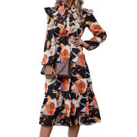 Polyester scallop One-piece Dress mid-long style printed floral black PC