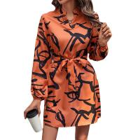 Polyester One-piece Dress mid-long style & deep V & with belt printed PC