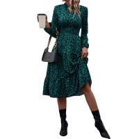 Polyester Waist-controlled & stringy selvedge One-piece Dress mid-long style & deep V printed green PC