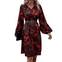 Polyester A-line One-piece Dress mid-long style & deep V printed floral black PC