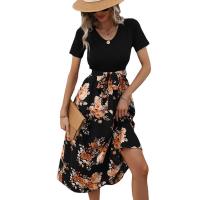 Polyester One-piece Dress mid-long style & deep V & with belt printed floral PC
