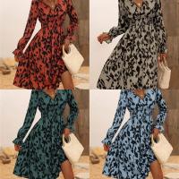 Polyester scallop & A-line One-piece Dress mid-long style & deep V printed leopard PC