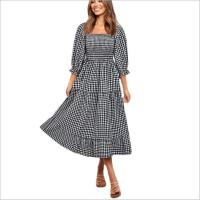 Cotton Plus Size One-piece Dress large hem design & mid-long style Polyester patchwork plaid PC