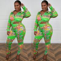 Polyester Plus Size Women Casual Set slimming & two piece Spandex Long Trousers & top printed green Set