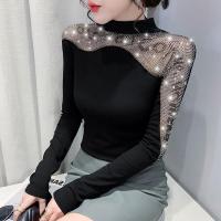 Polyester & Cotton Women Long Sleeve T-shirt & hollow & with rhinestone patchwork letter black PC