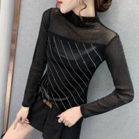 Polyamide Slim & Plus Size Women Long Sleeve T-shirt & with rhinestone patchwork black PC