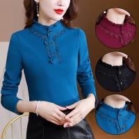 Polyester & Cotton Slim & Plus Size Women Long Sleeve Blouses fleece & thermal Solid PC