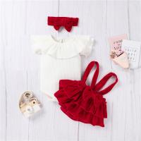 Polyester Baby Clothes Set & for girl & three piece headband & suspender skirt & teddy Solid red and white Set
