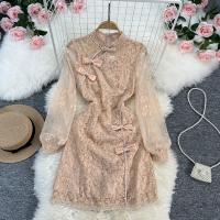 Polyester Sexy Package Hip Dresses mid-long style & slimming patchwork Apricot PC