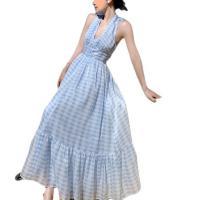 Polyester long style One-piece Dress deep V & backless patchwork light blue PC