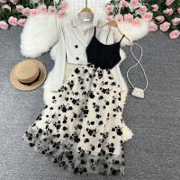 Polyester long style Two-Piece Dress Set patchwork floral Apricot Set