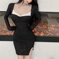 Polyester Sexy Package Hip Dresses side slit & skinny style Solid black PC