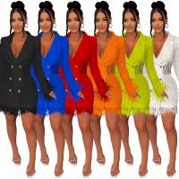 Polyester Tassels One-piece Dress deep V & hollow Spandex patchwork Solid PC