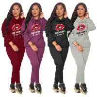 Polyester With Siamese Cap Women Casual Set fleece Spandex Long Trousers & top printed lip pattern Set