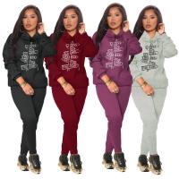 Polyester With Siamese Cap Women Casual Set fleece & two piece Spandex Long Trousers & top printed Set