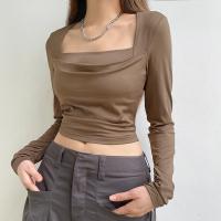 Polyester Slim Women Long Sleeve T-shirt patchwork Solid khaki PC
