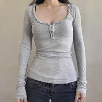 Polyester Slim Women Long Sleeve T-shirt Solid gray PC
