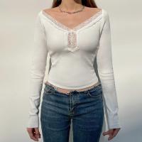 Polyester Frauen Langarm T-shirt, Patchwork, Weiß,  Stück