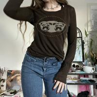 Polyester Frauen Langarm T-shirt, Gedruckt, Braun,  Stück