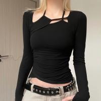 Cotton Slim Women Long Sleeve T-shirt patchwork Solid black PC