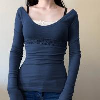 Polyester Slim Women Long Sleeve T-shirt patchwork blue PC