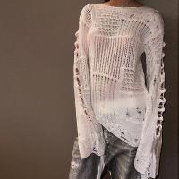 Caddice Ripped Women Long Sleeve Blouses knitted Solid PC