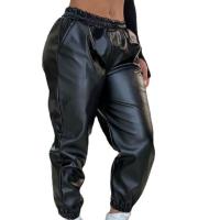 PU Leather Women Casual Pants & loose Solid black PC