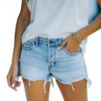 Denim Ripped & Tassels & Middle Waist Women All-Match Shorts washed Solid light blue PC