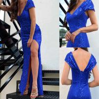 Sequin & Polyester Long Evening Dress deep V & side slit & backless patchwork Solid deep blue PC