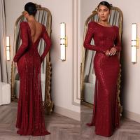 Sequin & Polyester Slim Long Evening Dress backless Solid wine red PC