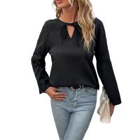 Polyester Slim Women Long Sleeve Blouses & hollow patchwork Solid black PC