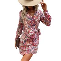 Polyester Waist-controlled & Slim One-piece Dress deep V printed Solid multi-colored PC