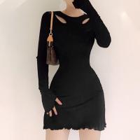 Polyester Slim Sexy Package Hip Dresses patchwork Solid black PC