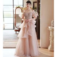 Polyester Waist-controlled & Slim Long Evening Dress patchwork pink PC