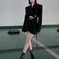 Polyester Women Suit Coat mid-long style & hollow Solid black PC