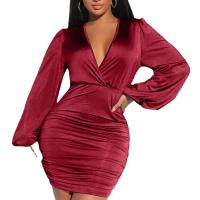 Polyester Slim & High Waist Sexy Package Hip Dresses deep V patchwork Solid PC